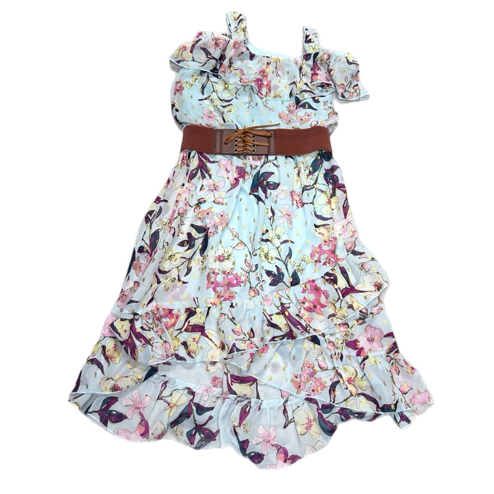 Speechless Cold Shoulder Ruffled Hi-Lo Ruffled Belted Dress  Size 7 Floral
